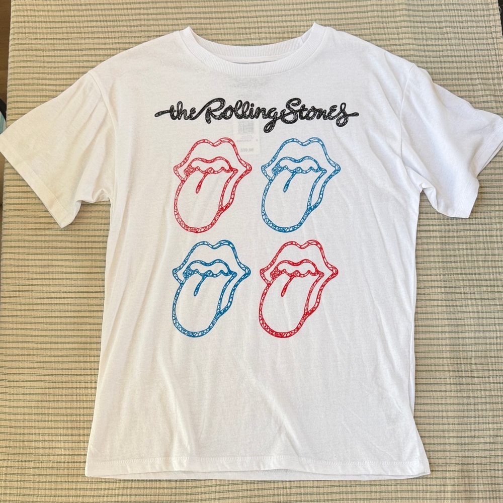 the Rolling Stones White Tee with Red & Blue Tongues